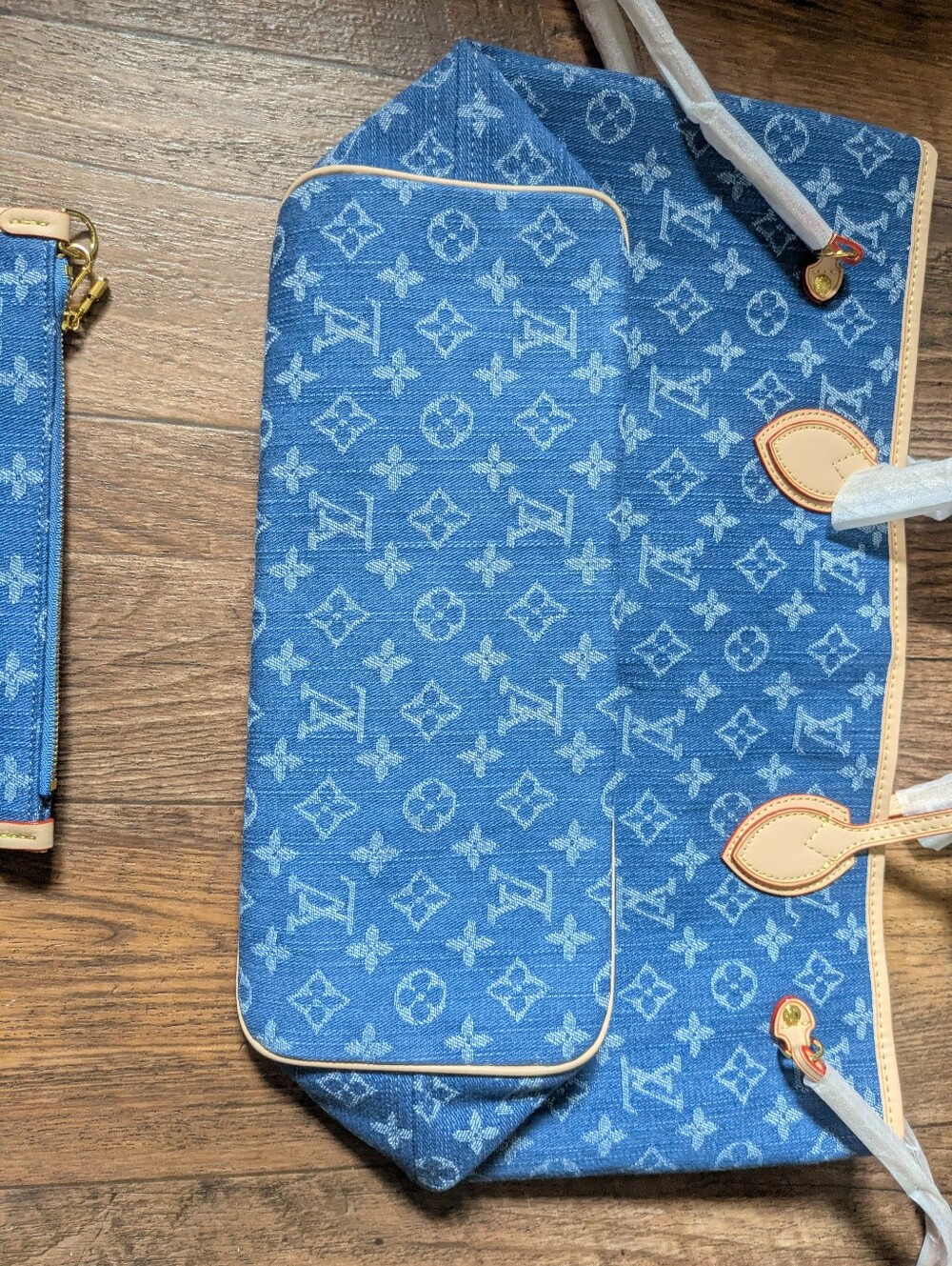 Blue Monogram Denim Jean Tote Bag Purse with Matching Wristlet Pouch 3 Piece Set - Picture 9 of 16